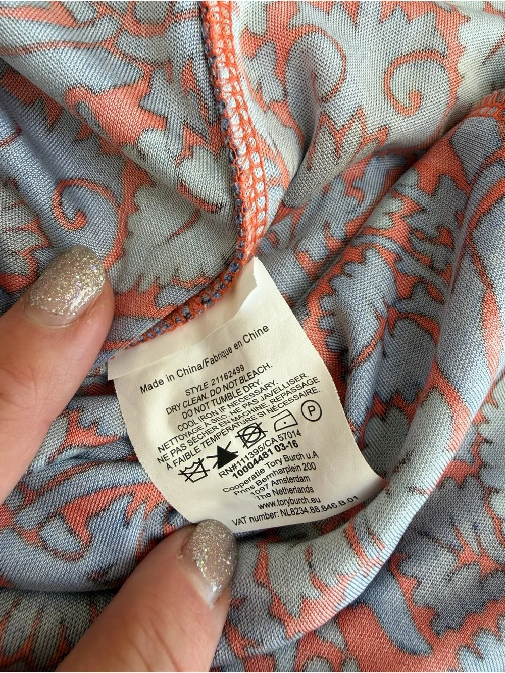 Tory Burch midi dress v neck orange blue paisley leaf pattern L